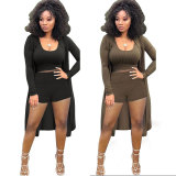 Solid Ribbed Tank Top+Long Sleeve Cloak+Shorts 3 Piece Sets NY-8999