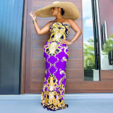 Plus Size Retro Print Strapless  Maxi Dress WPF-80688
