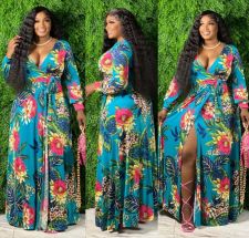 Plus Size Floral Print Long Sleeve V Neck Maxi Dress NK-8617