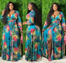 Plus Size Floral Print Long Sleeve V Neck Maxi Dress NK-8617