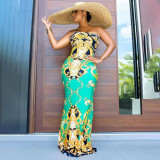 Plus Size Retro Print Strapless  Maxi Dress WPF-80688