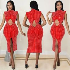 Sexy Night Club Hot Drilling Hollow Sleeveless Midi Dress BY-5796