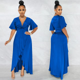 Solid V Neck Short Sleeve Irregular Maxi Dress BY-5805