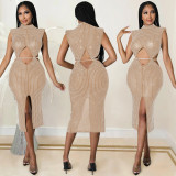 Sexy Night Club Hot Drilling Hollow Sleeveless Midi Dress BY-5796