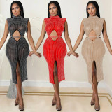 Sexy Night Club Hot Drilling Hollow Sleeveless Midi Dress BY-5796