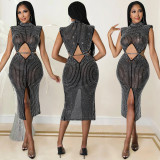 Sexy Night Club Hot Drilling Hollow Sleeveless Midi Dress BY-5796