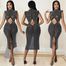 Sexy Night Club Hot Drilling Hollow Sleeveless Midi Dress BY-5796