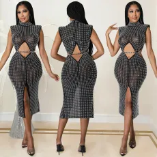 Sexy Night Club Hot Drilling Hollow Sleeveless Midi Dress BY-5796