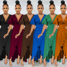 Solid V Neck Short Sleeve Irregular Maxi Dress BY-5805