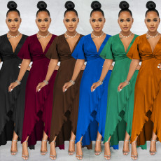 Solid V Neck Short Sleeve Irregular Maxi Dress BY-5805