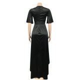 Solid V Neck Short Sleeve Irregular Maxi Dress BY-5805