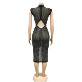 Sexy Night Club Hot Drilling Hollow Sleeveless Midi Dress BY-5796