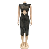 Sexy Night Club Hot Drilling Hollow Sleeveless Midi Dress BY-5796