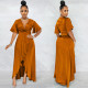 Solid V Neck Short Sleeve Irregular Maxi Dress BY-5805