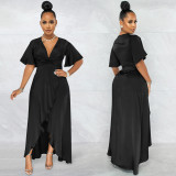 Solid V Neck Short Sleeve Irregular Maxi Dress BY-5805