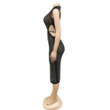 Sexy Night Club Hot Drilling Hollow Sleeveless Midi Dress BY-5796