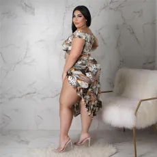 Plus Size Floral Print Crop Top Split Skirt 2 Piece Sets ASL-7081