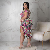 Plus Size Floral Print Crop Top Split Skirt 2 Piece Sets ASL-7081