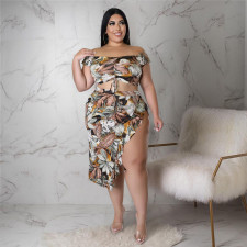 Plus Size Floral Print Crop Top Split Skirt 2 Piece Sets ASL-7081