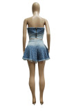 Plus Size Denim Tube Top Wide Leg Shorts 2 Piece Sets YMEF-5071