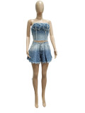 Plus Size Denim Tube Top Wide Leg Shorts 2 Piece Sets YMEF-5071