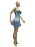 Plus Size Denim Tube Top Wide Leg Shorts 2 Piece Sets YMEF-5071