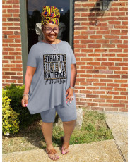Plus Size Letter Print Top And Shorts 2 Piece Sets WAF-7416231