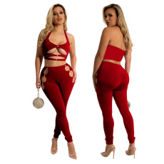 Solid Color Hollow Halter Top And Pants Two Piece Sets YF-K10134