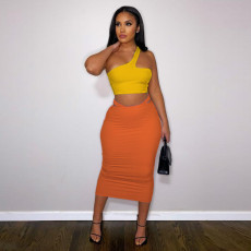 Contrast One Shoulder Top And Midi Skirt 2 Piece Sets YF-K10129