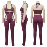 Solid Color Hollow Halter Top And Pants Two Piece Sets YF-K10134