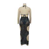 Sexy Print Beach Bikini See-through Hollow Skirts Three Piece YF-K10121
