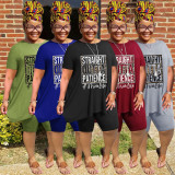 Plus Size Letter Print Top And Shorts 2 Piece Sets WAF-7416231