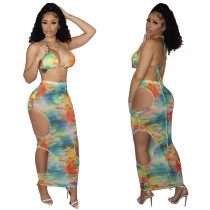 Sexy Print Beach Bikini See-through Hollow Skirts Three Piece YF-K10121