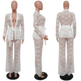 Solid Color Lace Shirt Two Piece Pants Set With Belt YF-K10076