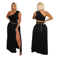 Solid Color Sexy One Shoulder Sleeveless Slit Skirts Suit (Without Belt) YF-K10165