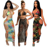 Sexy Print Beach Bikini See-through Hollow Skirts Three Piece YF-K10121