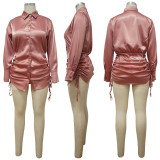 Solid Long Sleeve Drawstring Pleated Lapel Shirts Dress YF-9951