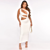Sexy Solid Color Hollow Sloping Shoulder Slim Maxi Dress YF-K10146