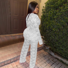 Solid Color Lace Shirt Two Piece Pants Set With Belt YF-K10076