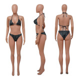 Sexy Print Beach Bikini See-through Hollow Skirts Three Piece YF-K10121