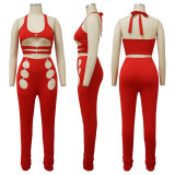 Solid Color Hollow Halter Top And Pants Two Piece Sets YF-K10134