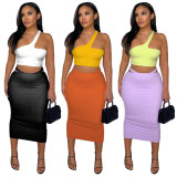 Contrast One Shoulder Top And Midi Skirt 2 Piece Sets YF-K10129