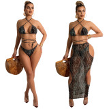 Sexy Print Beach Bikini See-through Hollow Skirts Three Piece YF-K10121