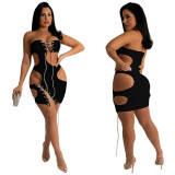 Solid Color Tube Top Sexy Nightclub Hollow Tie Up Mini Dress YF-K10082