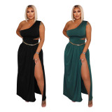 Solid Color Sexy One Shoulder Sleeveless Slit Skirts Suit (Without Belt) YF-K10165