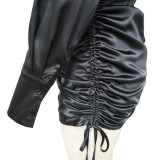 Solid Long Sleeve Drawstring Pleated Lapel Shirts Dress YF-9951