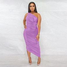 Sexy Solid Color Sloping Shoulder Ruched Slim Dress YF-K10139