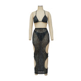 Sexy Print Beach Bikini See-through Hollow Skirts Three Piece YF-K10121