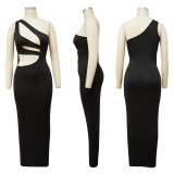 Sexy Solid Color Hollow Sloping Shoulder Slim Maxi Dress YF-K10146