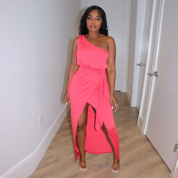 Solid Color Sloping Shoulder Slim Fit Irregular Dress YF-K10138